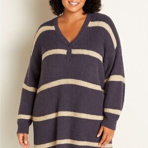 Terra Sky Sweater Dress Womens 2X 20-22W Purple Stripe Henley Oversize Tunic Fit
